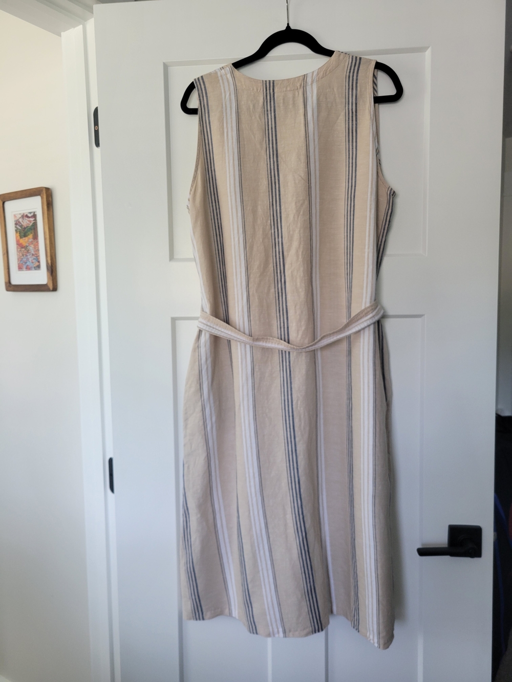 Liz Claiborne Sleeveless Linen Beige Striped Button-Front Dress with Tie Waist - Picture 2 of 7